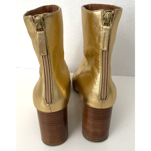 Sandro Sacha Ankle Boot Gold Leather Block Heel Round Toe Back Zip 40 9.5 - Picture 9 of 12